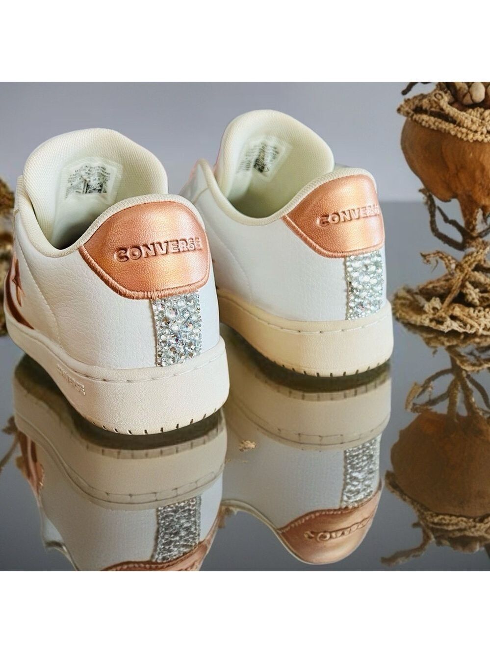 Converse Rose Gold White Sneakers Large Rhinestone Accents - Picture 7 of 8